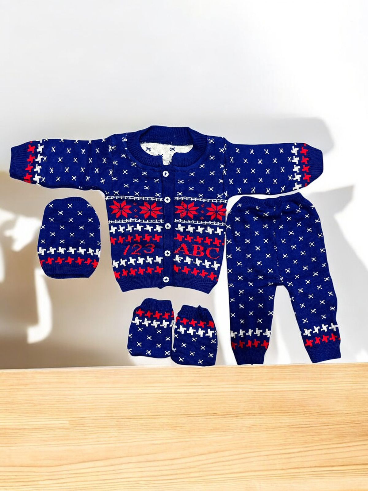 Knitted Baby Winter Clothing Set – Sweater, Pants, Mittens & Cap | Warm Wool Blend Outfit for Infants (Blue & Red)