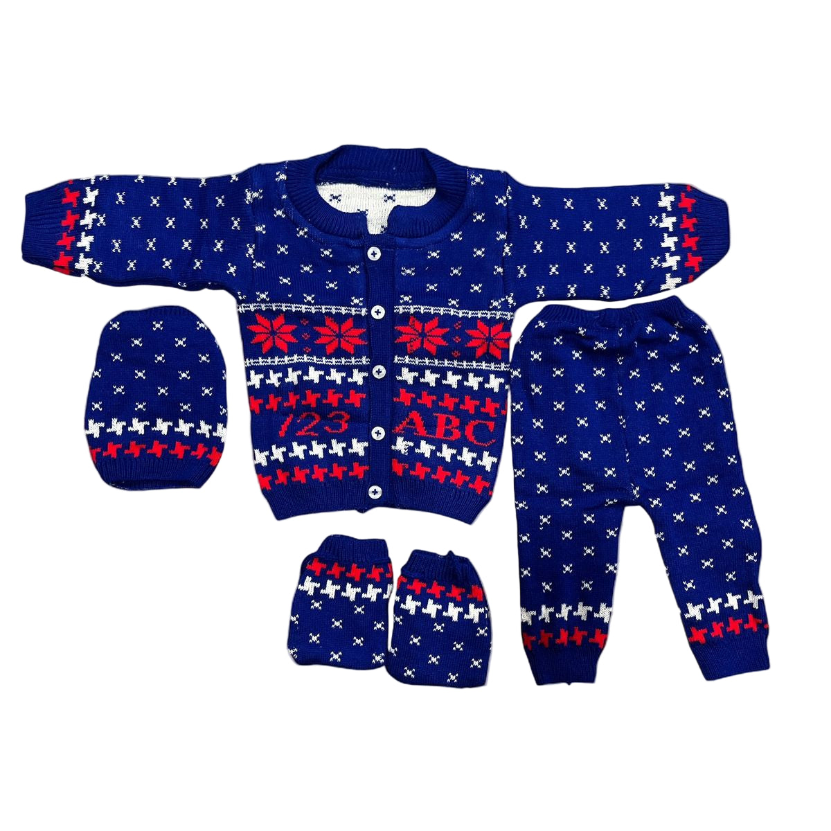 Knitted Baby Winter Clothing Set – Sweater, Pants, Mittens & Cap | Warm Wool Blend Outfit for Infants (Blue & Red)