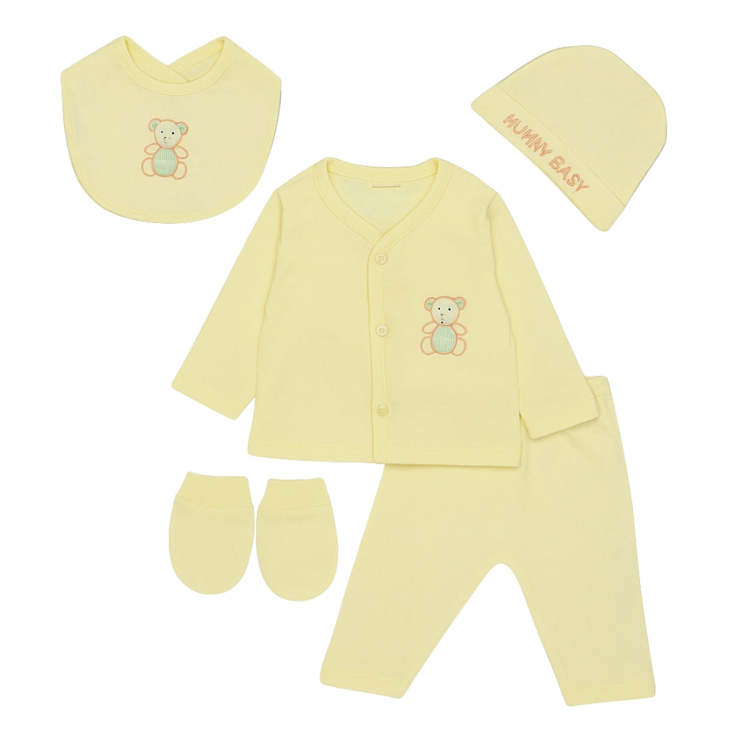 Soft Cotton Newborn Baby Clothing Set – 5 Piece (Cap, Bib, Mittens, Top & Pants)