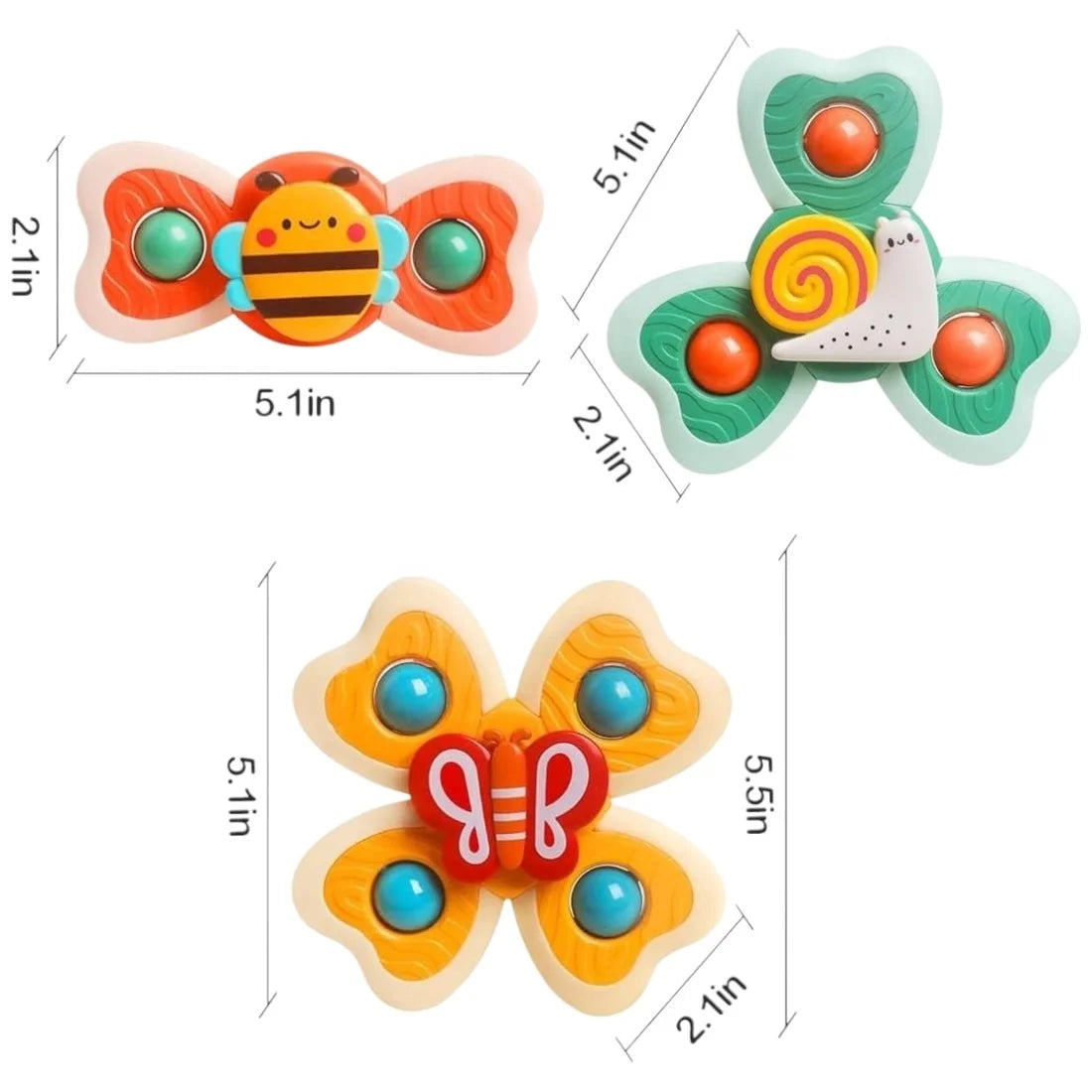 Close-up of baby spinning suction toys with strong suction base.