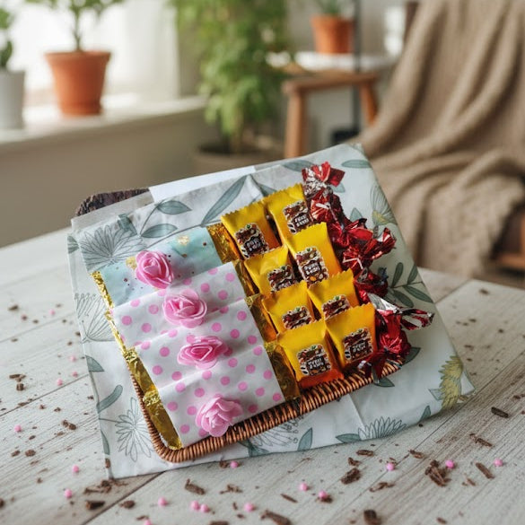 Fabric pouch with floral patterns on a wooden surface