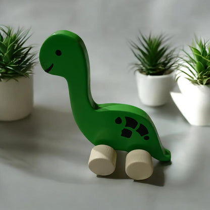Green Wooden Dinosaur Push Toy with Wheels | Montessori Baby & Toddler Toy
