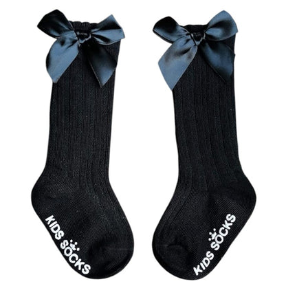 Baby & Toddler Bow Socks | Soft Cotton Ribbed Long Socks with Satin Bow Newborn to Kids Socks | Girls Knee High Bow Socks