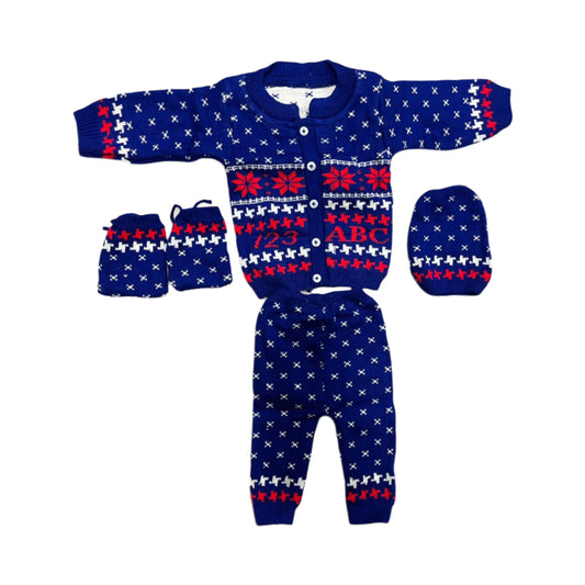 Knitted Baby Winter Clothing Set – Sweater, Pants, Mittens & Cap | Warm Wool Blend Outfit for Infants (Blue & Red)