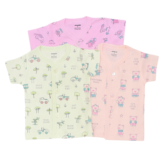 Premium Cotton Baby Half Sleeve Front-Open Button T-Shirts – Pack of 3 | Soft & Breathable Newborn Clothing
