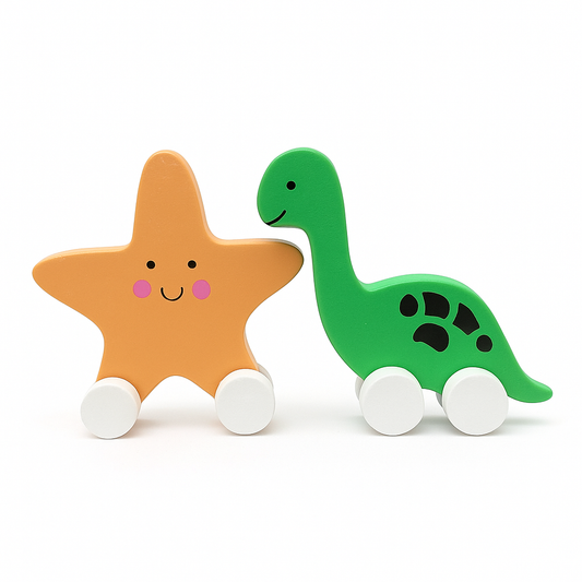 Wooden Starfish & Dinosaur Push Toys | Montessori Baby Rolling Toy Set.