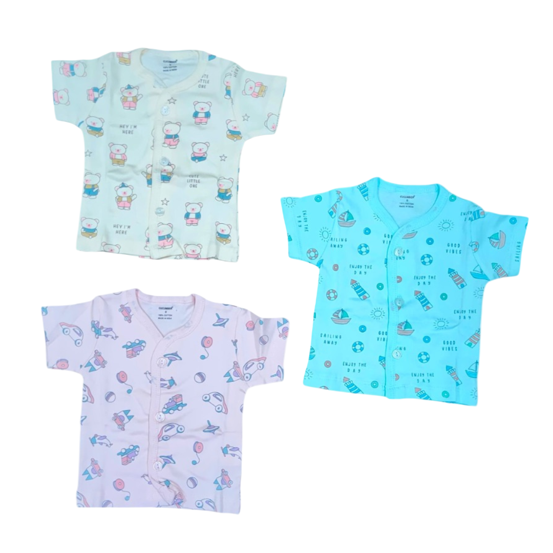 Premium Cotton Baby Half Sleeve Front-Open Button T-Shirts – Pack of 3 | Soft & Breathable Newborn Clothing