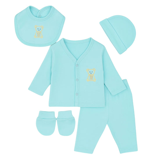 Soft Cotton Newborn Baby Clothing Set – 5 Piece (Cap, Bib, Mittens, Top & Pants)