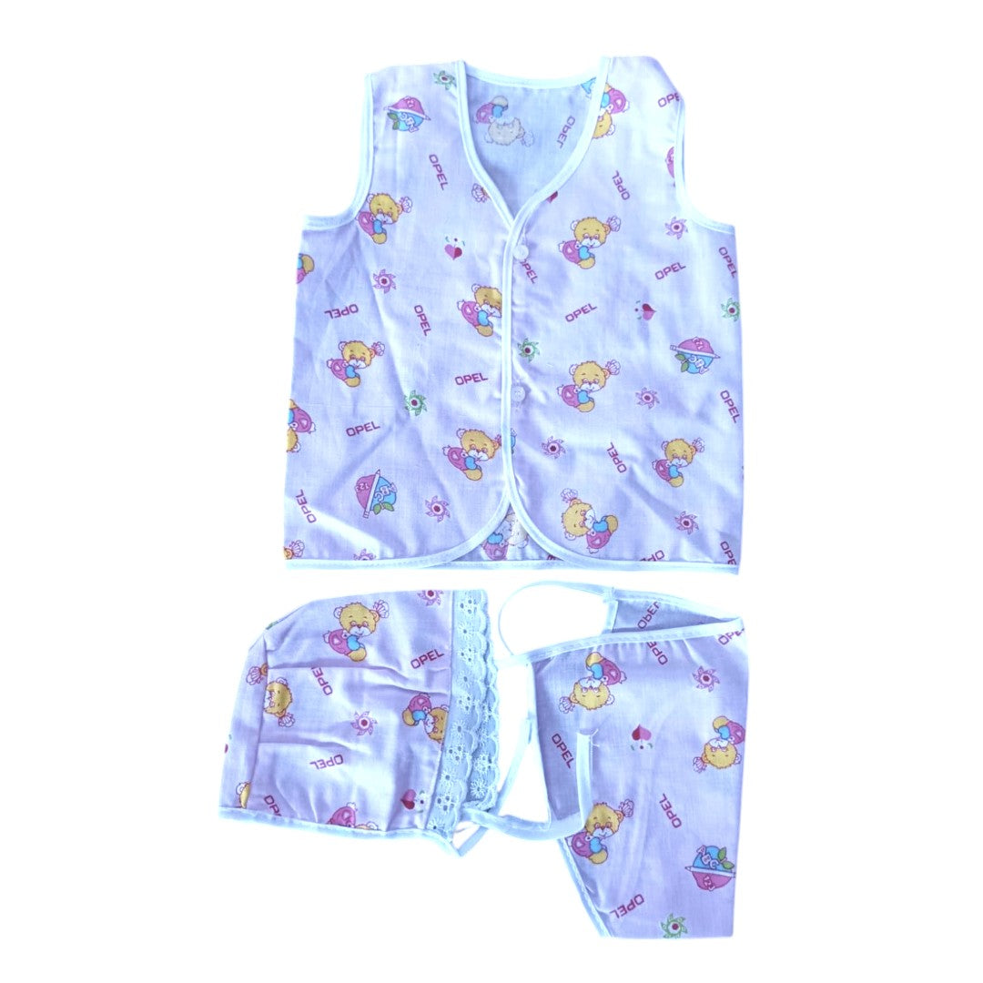 Newborn Baby Cotton Clothing Set – Soft Vest, Cap & Nappy | Infant Essentials