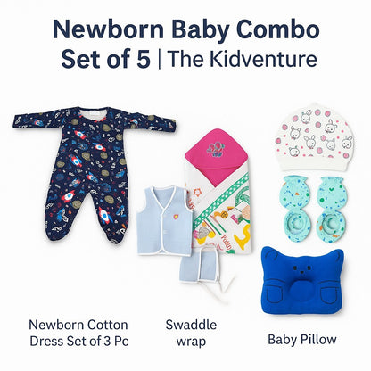 Newborn Baby Combo Gift Set of 5 | Cotton Dress, Swaddle Wrap, Cap, Mittens & Baby Pillow
