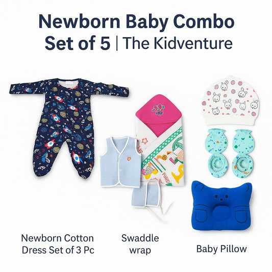 Newborn Baby Combo Gift Set of 5 | Cotton Dress, Swaddle Wrap, Cap, Mittens & Baby Pillow