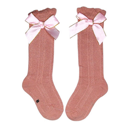 Elegant Knee-High Cotton Socks for Girls | Golden Bow Soft & Stylish Dress Socks | Soft Cotton Socks for Babies 0 Months +