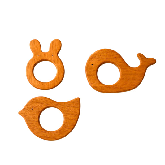 Eco-Friendly Wooden Teether Set – Bunny, Whale & Bird Shapes