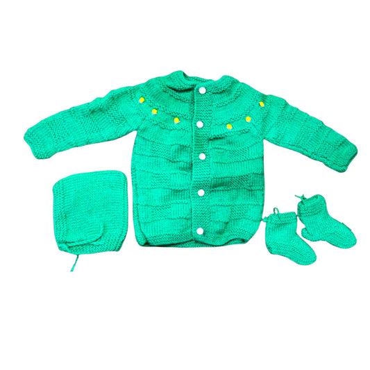 Green Knitted Sweater, Cap & Booties (0–9 Months)