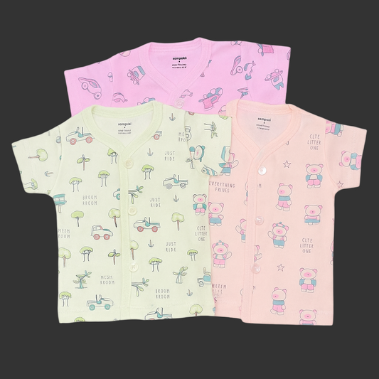Premium Cotton Baby Half Sleeve Front-Open Button T-Shirts – Pack of 3 | Soft & Breathable Newborn Clothing