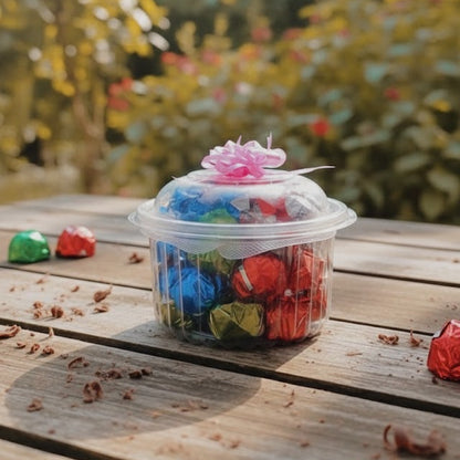 Clear container with colorful wrapped candies on a wooden surface outdoors