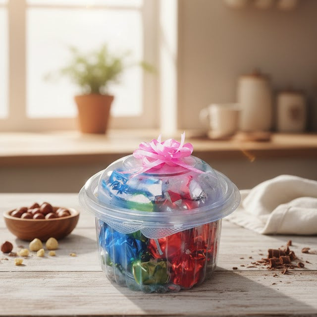 Clear container with colorful candies on a wooden table with a blurred background