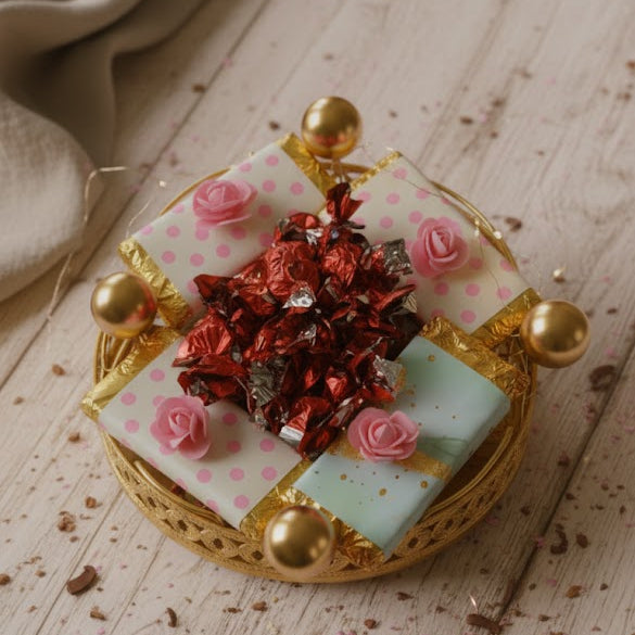 Decorative box with gold accents and red and blue items on a wooden surface