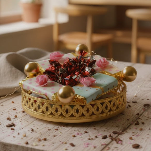 Decorative box with flowers and gold accents on a wooden surface