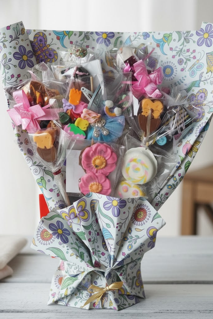 Bouquet of cookies with colorful packaging on a white surface