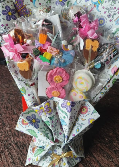 Colorful bouquet of decorative items on a patterned surface