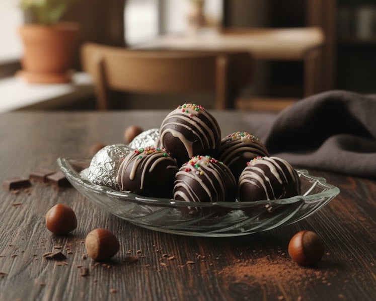 Chocolate truffles on a glass plate with a blurred indoor setting