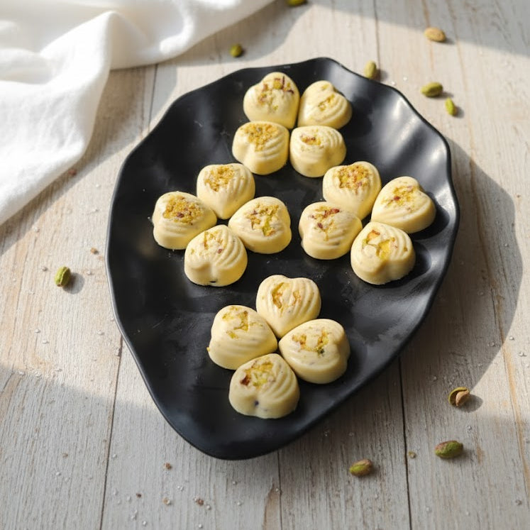Decorative black plate with yellow pastries on a wooden surface