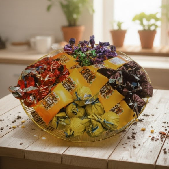 Bouquet of colorful candies on a wooden table with a kitchen background