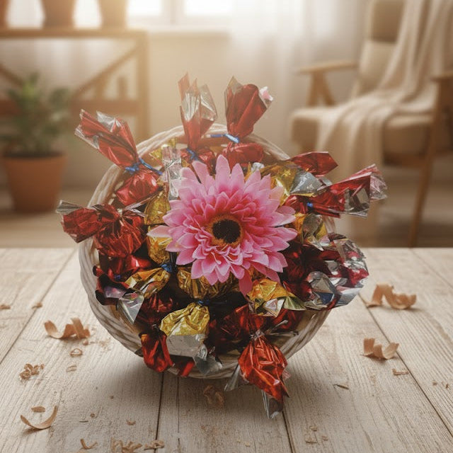Bouquet of flowers wrapped in colorful candy in a glass bowl on a wooden table.