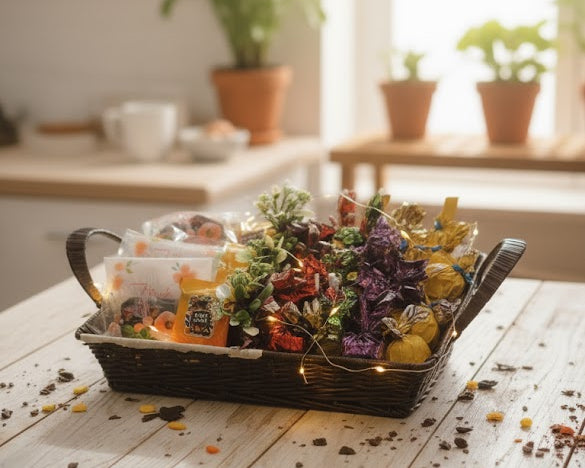 Decorative basket with flowers on a wooden table in a bright kitchen.