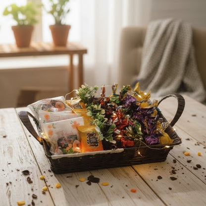Decorative tray with coffee bags and a teapot on a wooden table in a bright room.