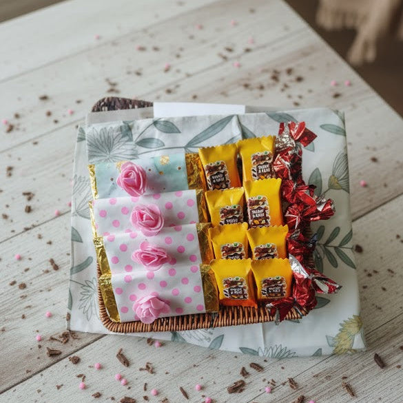 Small decorative box with floral and candy design on a wooden surface