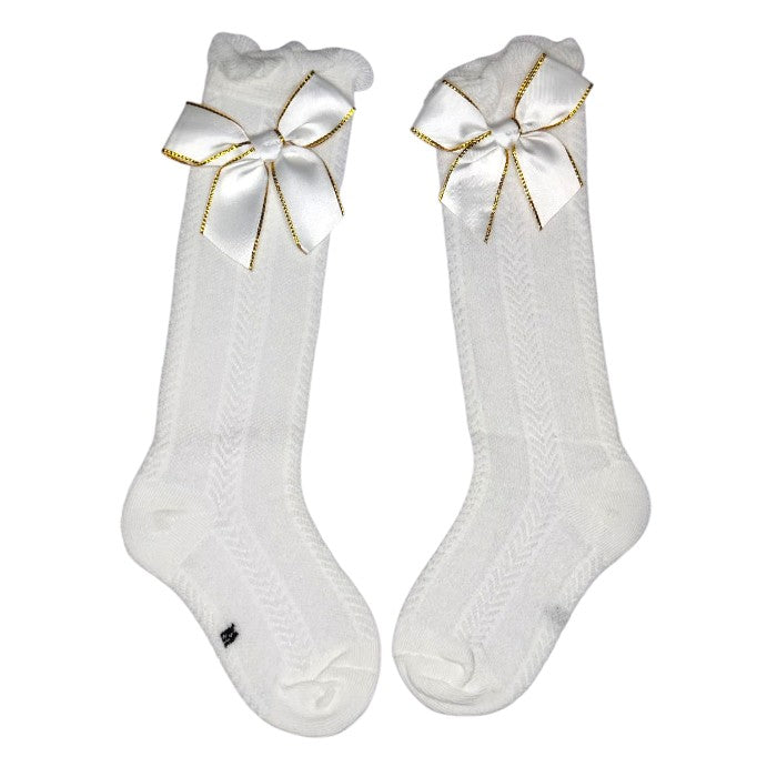 Elegant Knee-High Cotton Socks for Girls | Golden Bow Soft & Stylish Dress Socks | Soft Cotton Socks for Babies 0 Months +