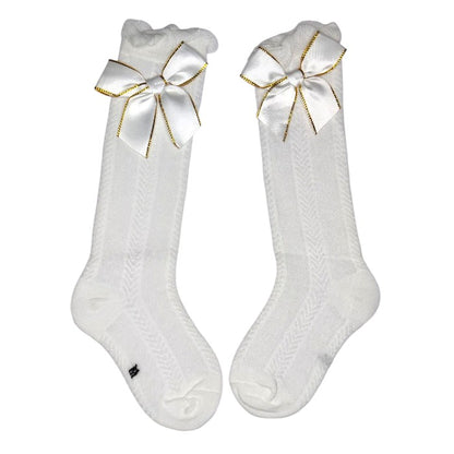 Elegant Knee-High Cotton Socks for Girls | Golden Bow Soft & Stylish Dress Socks | Soft Cotton Socks for Babies 0 Months +